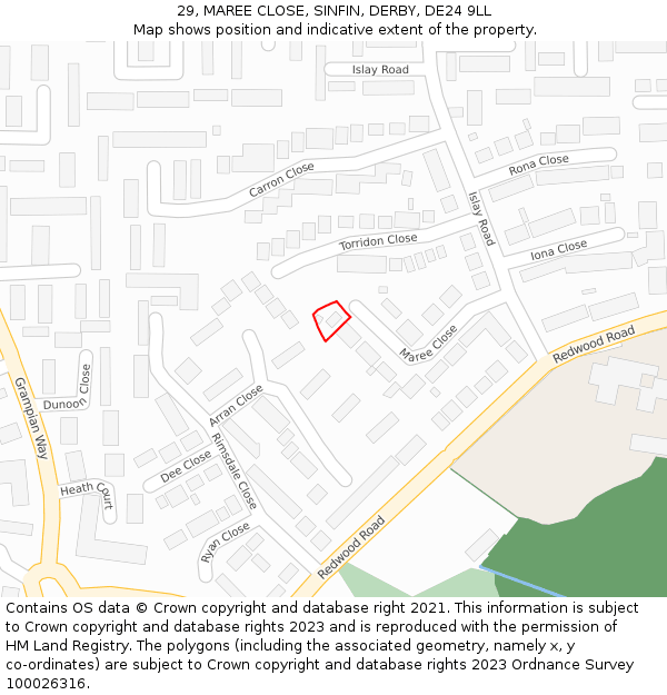 29, MAREE CLOSE, SINFIN, DERBY, DE24 9LL: Location map and indicative extent of plot