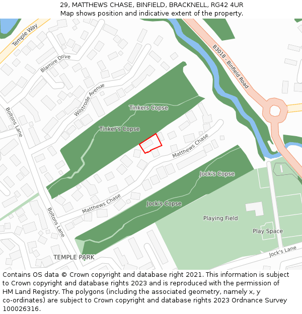 29, MATTHEWS CHASE, BINFIELD, BRACKNELL, RG42 4UR: Location map and indicative extent of plot