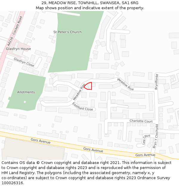 29, MEADOW RISE, TOWNHILL, SWANSEA, SA1 6RG: Location map and indicative extent of plot