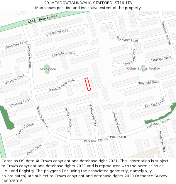 29, MEADOWBANK WALK, STAFFORD, ST16 1TA: Location map and indicative extent of plot