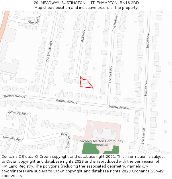 29, MEADWAY, RUSTINGTON, LITTLEHAMPTON, BN16 2DD: Location map and indicative extent of plot