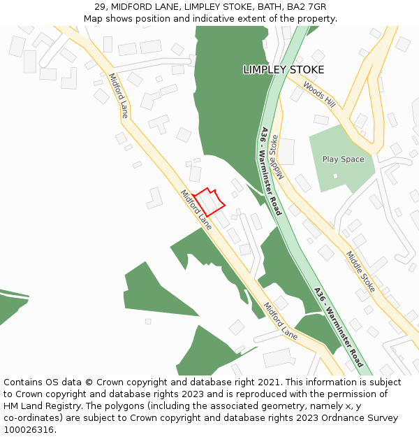 29, MIDFORD LANE, LIMPLEY STOKE, BATH, BA2 7GR: Location map and indicative extent of plot