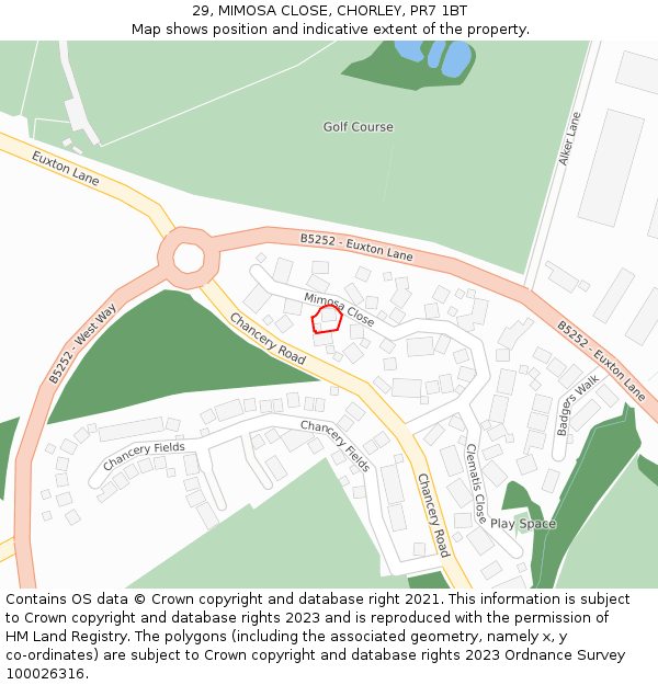29, MIMOSA CLOSE, CHORLEY, PR7 1BT: Location map and indicative extent of plot
