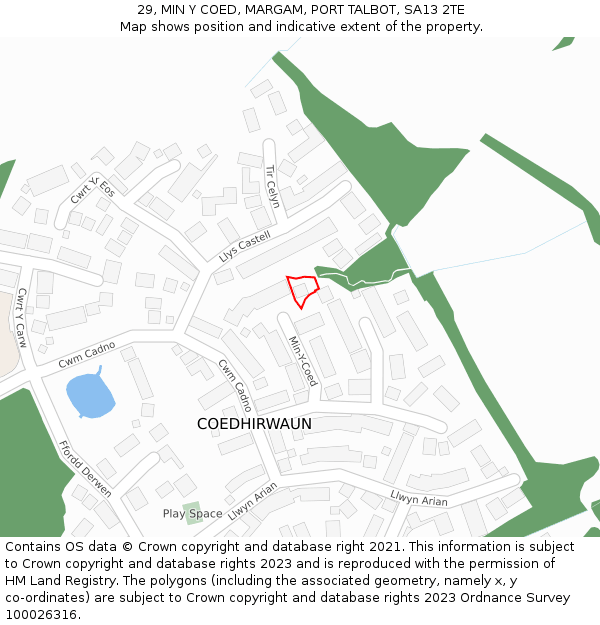 29, MIN Y COED, MARGAM, PORT TALBOT, SA13 2TE: Location map and indicative extent of plot