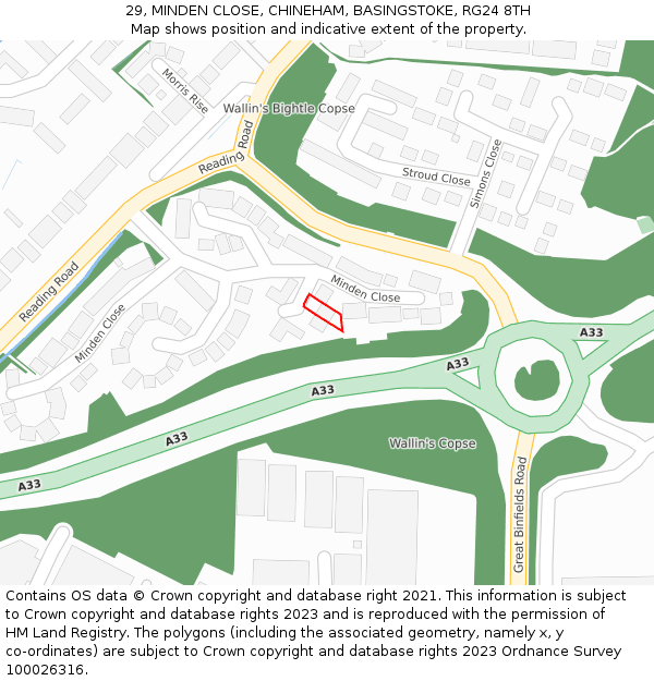 29, MINDEN CLOSE, CHINEHAM, BASINGSTOKE, RG24 8TH: Location map and indicative extent of plot