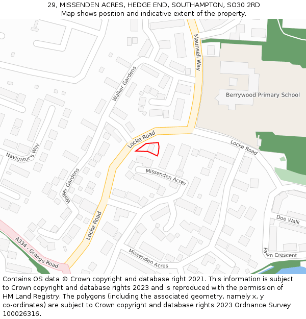 29, MISSENDEN ACRES, HEDGE END, SOUTHAMPTON, SO30 2RD: Location map and indicative extent of plot