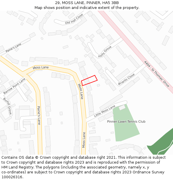 29, MOSS LANE, PINNER, HA5 3BB: Location map and indicative extent of plot