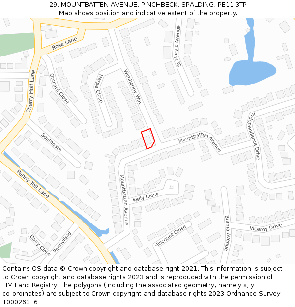 29, MOUNTBATTEN AVENUE, PINCHBECK, SPALDING, PE11 3TP: Location map and indicative extent of plot