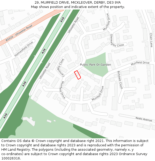 29, MUIRFIELD DRIVE, MICKLEOVER, DERBY, DE3 9YA: Location map and indicative extent of plot