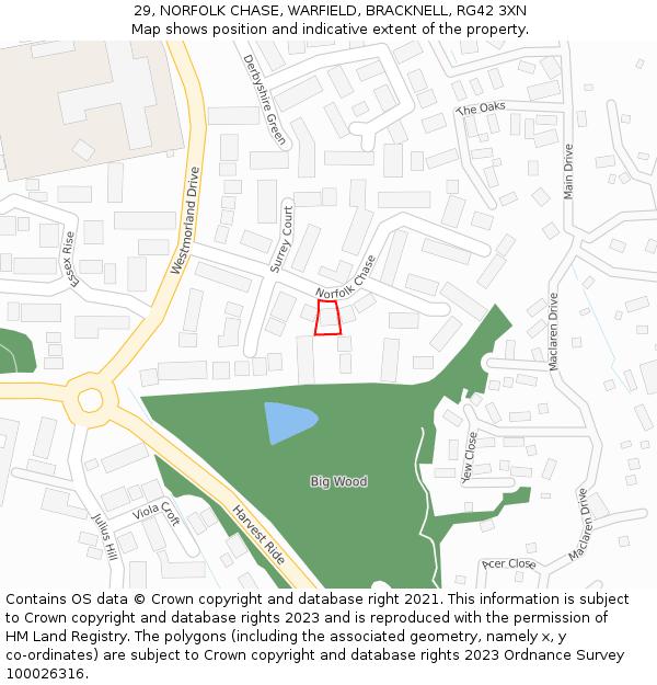 29, NORFOLK CHASE, WARFIELD, BRACKNELL, RG42 3XN: Location map and indicative extent of plot