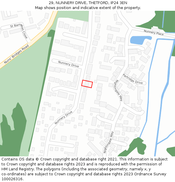29, NUNNERY DRIVE, THETFORD, IP24 3EN: Location map and indicative extent of plot