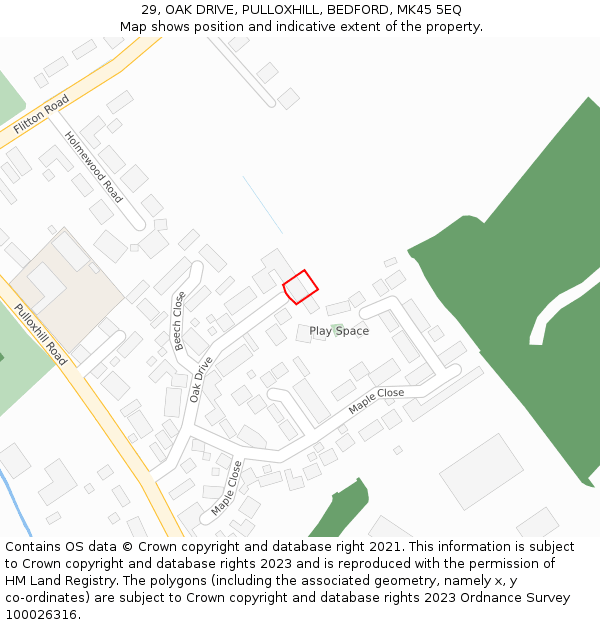 29, OAK DRIVE, PULLOXHILL, BEDFORD, MK45 5EQ: Location map and indicative extent of plot