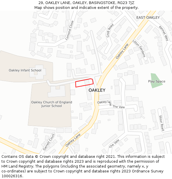 29, OAKLEY LANE, OAKLEY, BASINGSTOKE, RG23 7JZ: Location map and indicative extent of plot