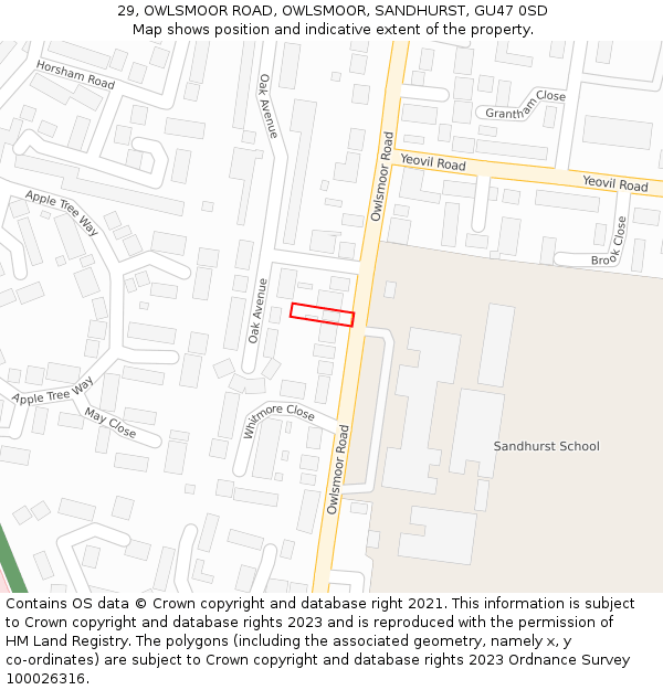 29, OWLSMOOR ROAD, OWLSMOOR, SANDHURST, GU47 0SD: Location map and indicative extent of plot