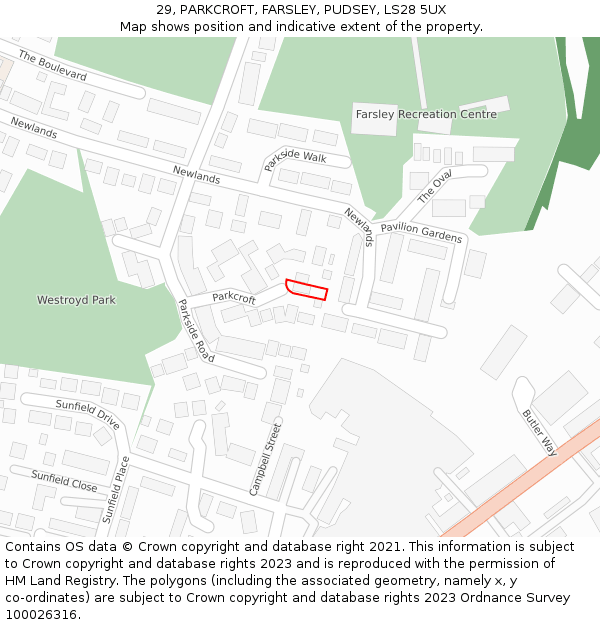 29, PARKCROFT, FARSLEY, PUDSEY, LS28 5UX: Location map and indicative extent of plot