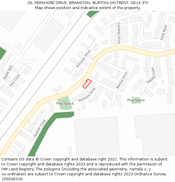 29, PERSHORE DRIVE, BRANSTON, BURTON-ON-TRENT, DE14 3TY: Location map and indicative extent of plot