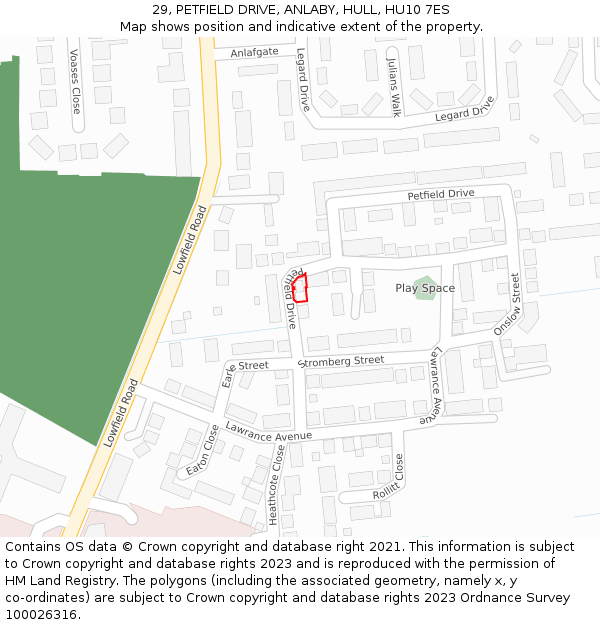 29, PETFIELD DRIVE, ANLABY, HULL, HU10 7ES: Location map and indicative extent of plot