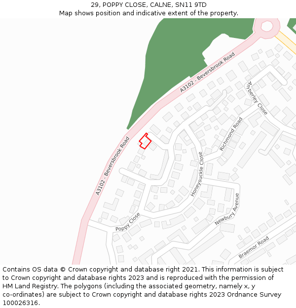 29, POPPY CLOSE, CALNE, SN11 9TD: Location map and indicative extent of plot