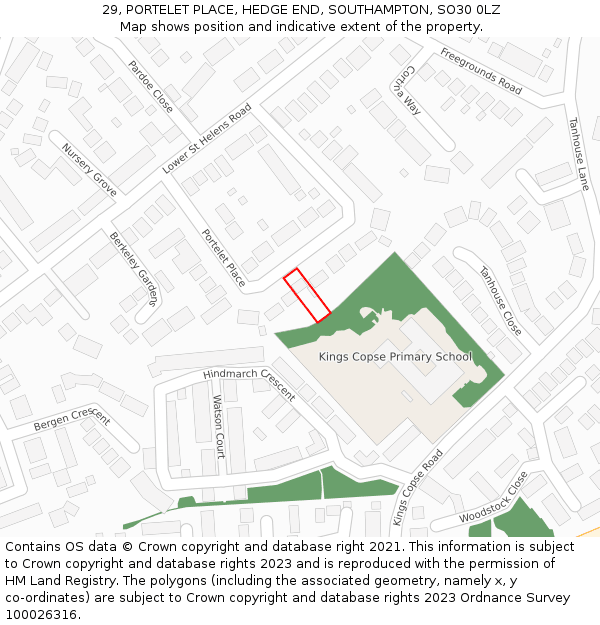 29, PORTELET PLACE, HEDGE END, SOUTHAMPTON, SO30 0LZ: Location map and indicative extent of plot