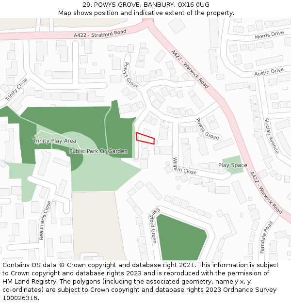 29, POWYS GROVE, BANBURY, OX16 0UG: Location map and indicative extent of plot