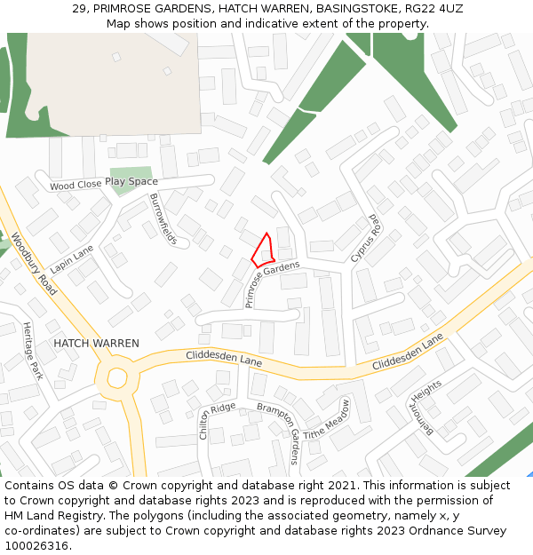 29, PRIMROSE GARDENS, HATCH WARREN, BASINGSTOKE, RG22 4UZ: Location map and indicative extent of plot