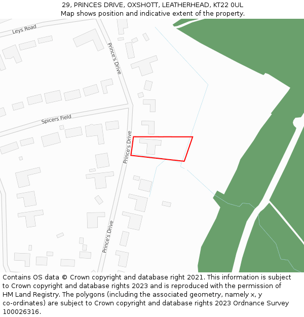 29, PRINCES DRIVE, OXSHOTT, LEATHERHEAD, KT22 0UL: Location map and indicative extent of plot