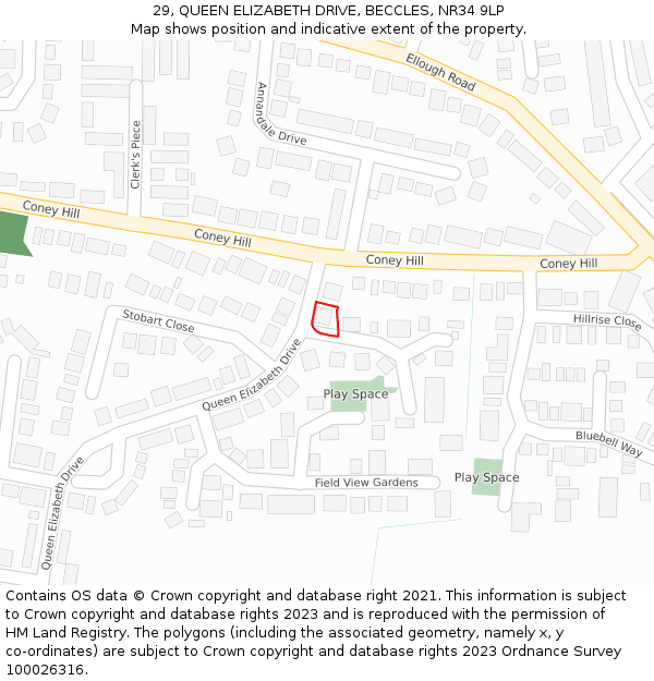 29, QUEEN ELIZABETH DRIVE, BECCLES, NR34 9LP: Location map and indicative extent of plot