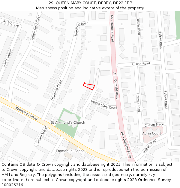 29, QUEEN MARY COURT, DERBY, DE22 1BB: Location map and indicative extent of plot