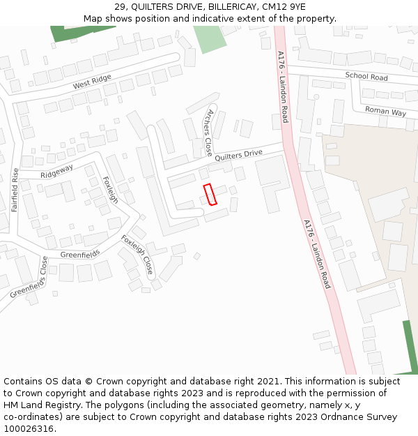 29, QUILTERS DRIVE, BILLERICAY, CM12 9YE: Location map and indicative extent of plot