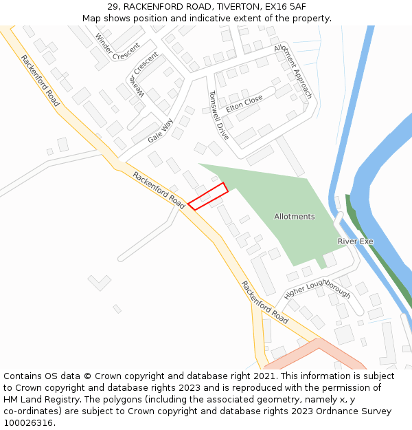 29, RACKENFORD ROAD, TIVERTON, EX16 5AF: Location map and indicative extent of plot