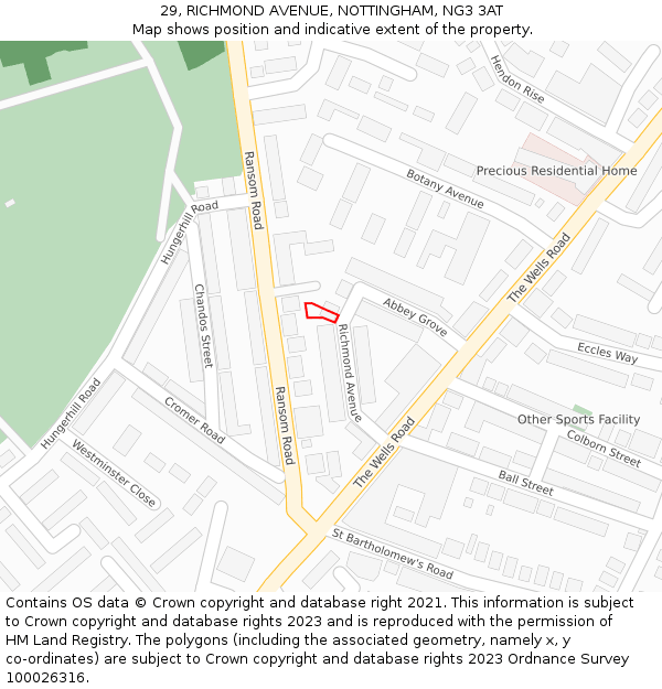 29, RICHMOND AVENUE, NOTTINGHAM, NG3 3AT: Location map and indicative extent of plot