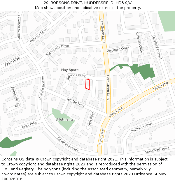 29, ROBSONS DRIVE, HUDDERSFIELD, HD5 9JW: Location map and indicative extent of plot