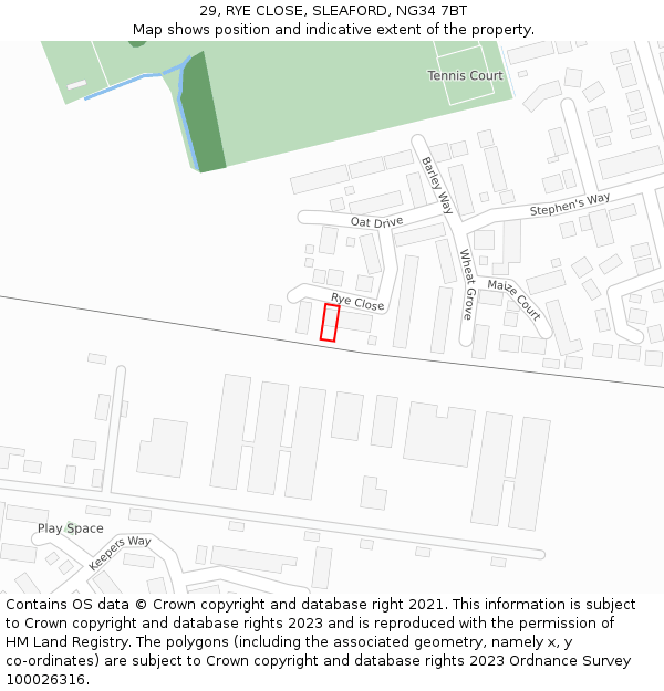 29, RYE CLOSE, SLEAFORD, NG34 7BT: Location map and indicative extent of plot