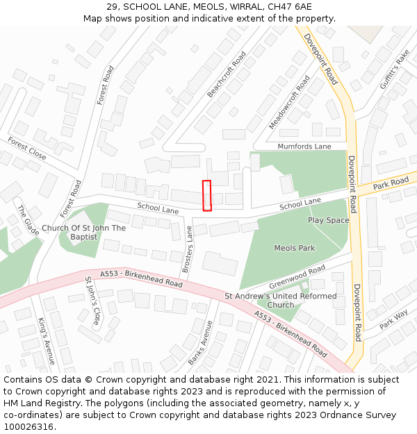 29, SCHOOL LANE, MEOLS, WIRRAL, CH47 6AE: Location map and indicative extent of plot