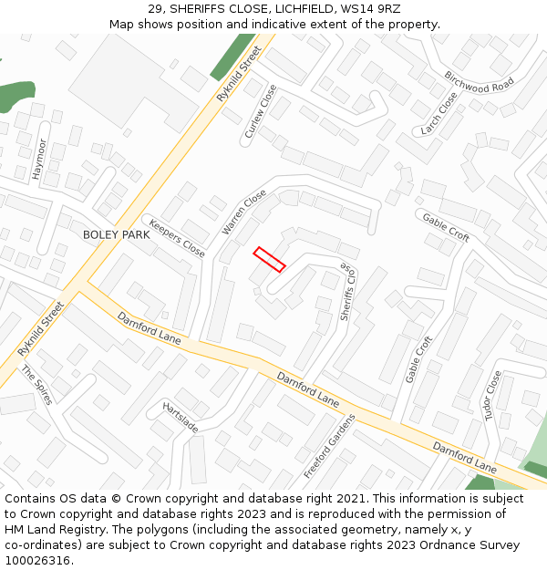 29, SHERIFFS CLOSE, LICHFIELD, WS14 9RZ: Location map and indicative extent of plot