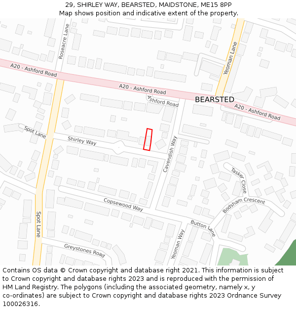 29, SHIRLEY WAY, BEARSTED, MAIDSTONE, ME15 8PP: Location map and indicative extent of plot