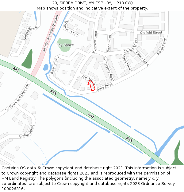 29, SIERRA DRIVE, AYLESBURY, HP18 0YQ: Location map and indicative extent of plot