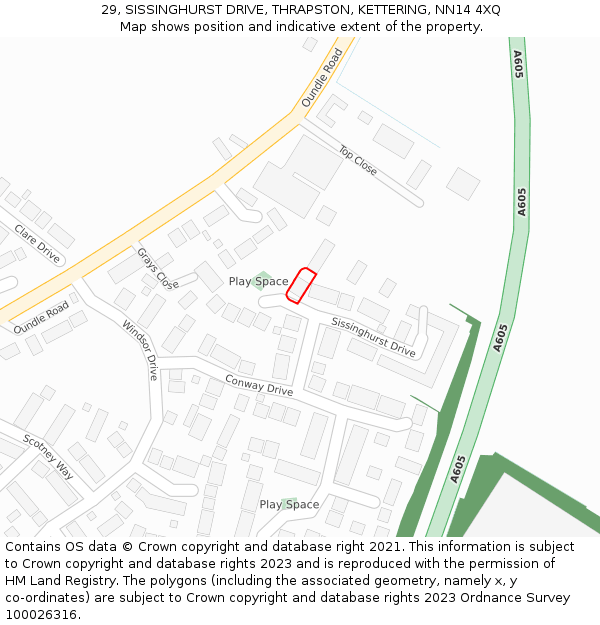29, SISSINGHURST DRIVE, THRAPSTON, KETTERING, NN14 4XQ: Location map and indicative extent of plot