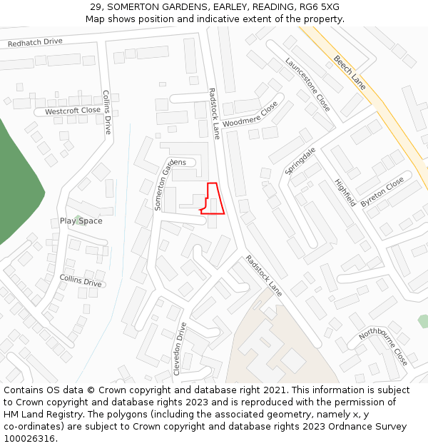 29, SOMERTON GARDENS, EARLEY, READING, RG6 5XG: Location map and indicative extent of plot