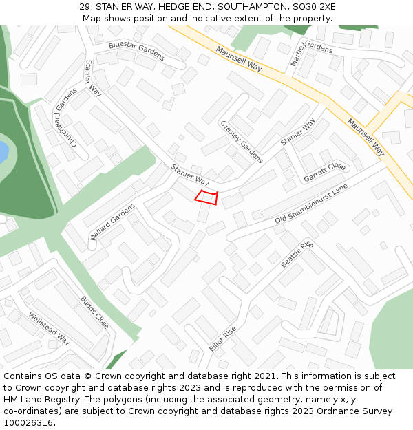 29, STANIER WAY, HEDGE END, SOUTHAMPTON, SO30 2XE: Location map and indicative extent of plot