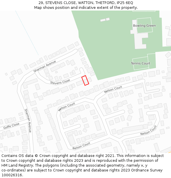 29, STEVENS CLOSE, WATTON, THETFORD, IP25 6EQ: Location map and indicative extent of plot