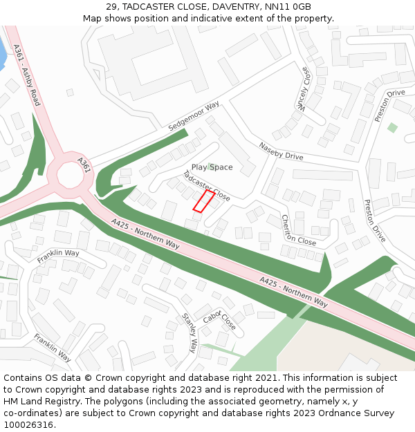 29, TADCASTER CLOSE, DAVENTRY, NN11 0GB: Location map and indicative extent of plot