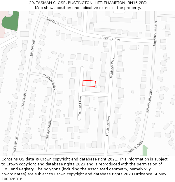29, TASMAN CLOSE, RUSTINGTON, LITTLEHAMPTON, BN16 2BD: Location map and indicative extent of plot
