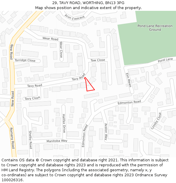 29, TAVY ROAD, WORTHING, BN13 3PG: Location map and indicative extent of plot