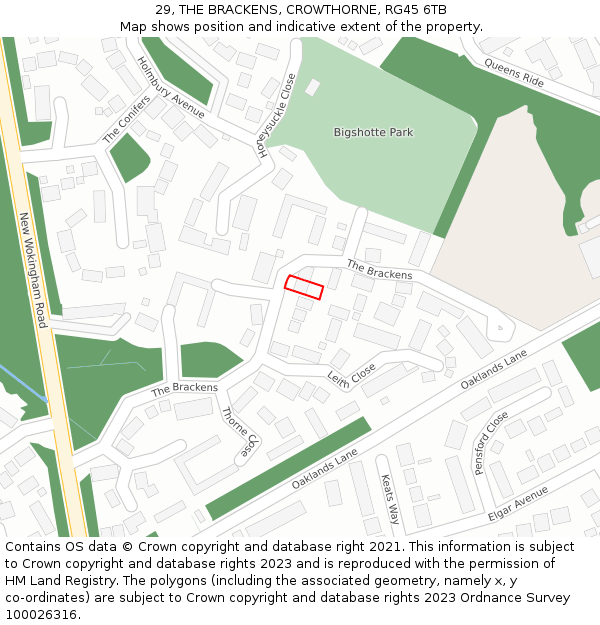 29, THE BRACKENS, CROWTHORNE, RG45 6TB: Location map and indicative extent of plot
