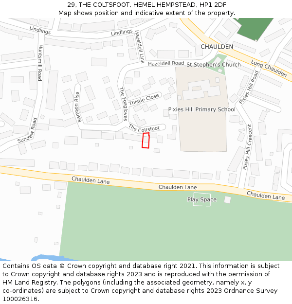 29, THE COLTSFOOT, HEMEL HEMPSTEAD, HP1 2DF: Location map and indicative extent of plot