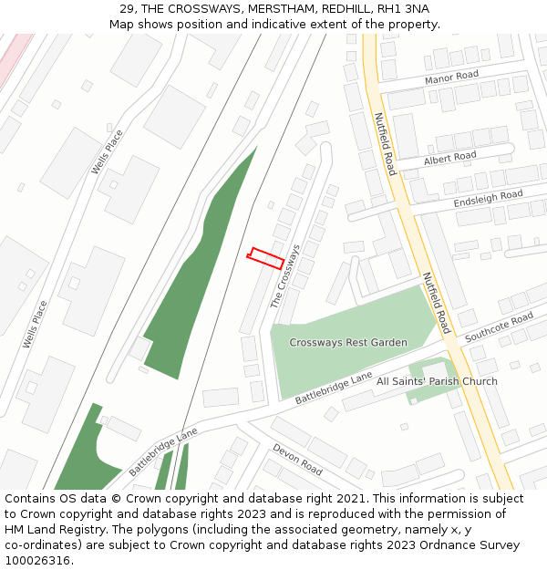 29, THE CROSSWAYS, MERSTHAM, REDHILL, RH1 3NA: Location map and indicative extent of plot