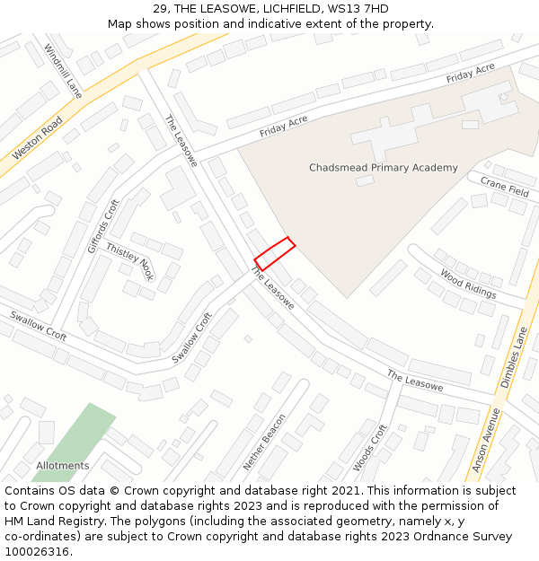 29, THE LEASOWE, LICHFIELD, WS13 7HD: Location map and indicative extent of plot