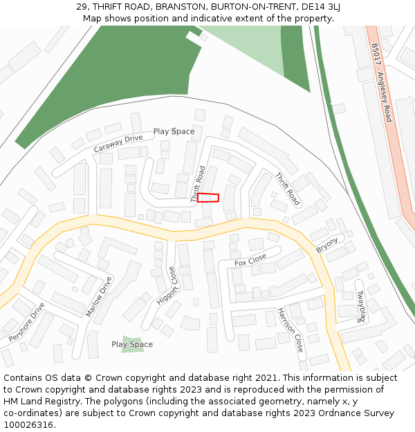 29, THRIFT ROAD, BRANSTON, BURTON-ON-TRENT, DE14 3LJ: Location map and indicative extent of plot