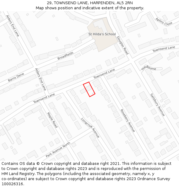 29, TOWNSEND LANE, HARPENDEN, AL5 2RN: Location map and indicative extent of plot